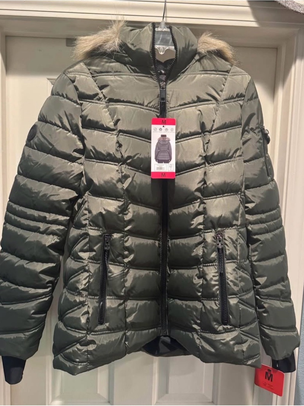 Nautica Olive Green Quilted Puffer Jacket with Faux Fur Trim